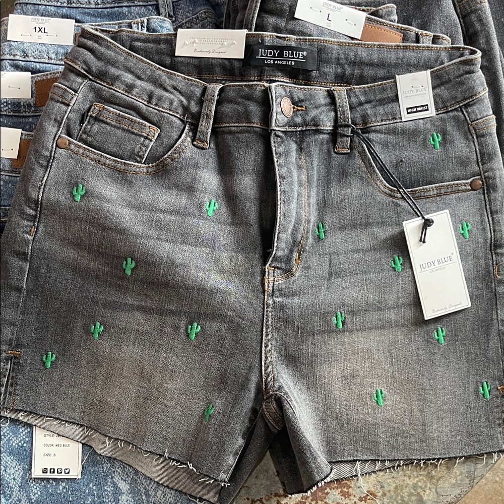 Judy Blue Gray Denim Shorts with Green Cactus Embroidery